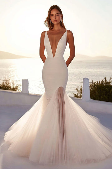 Deep V Neck Mermaid Ivory Tulle Pleated Wedding Dress